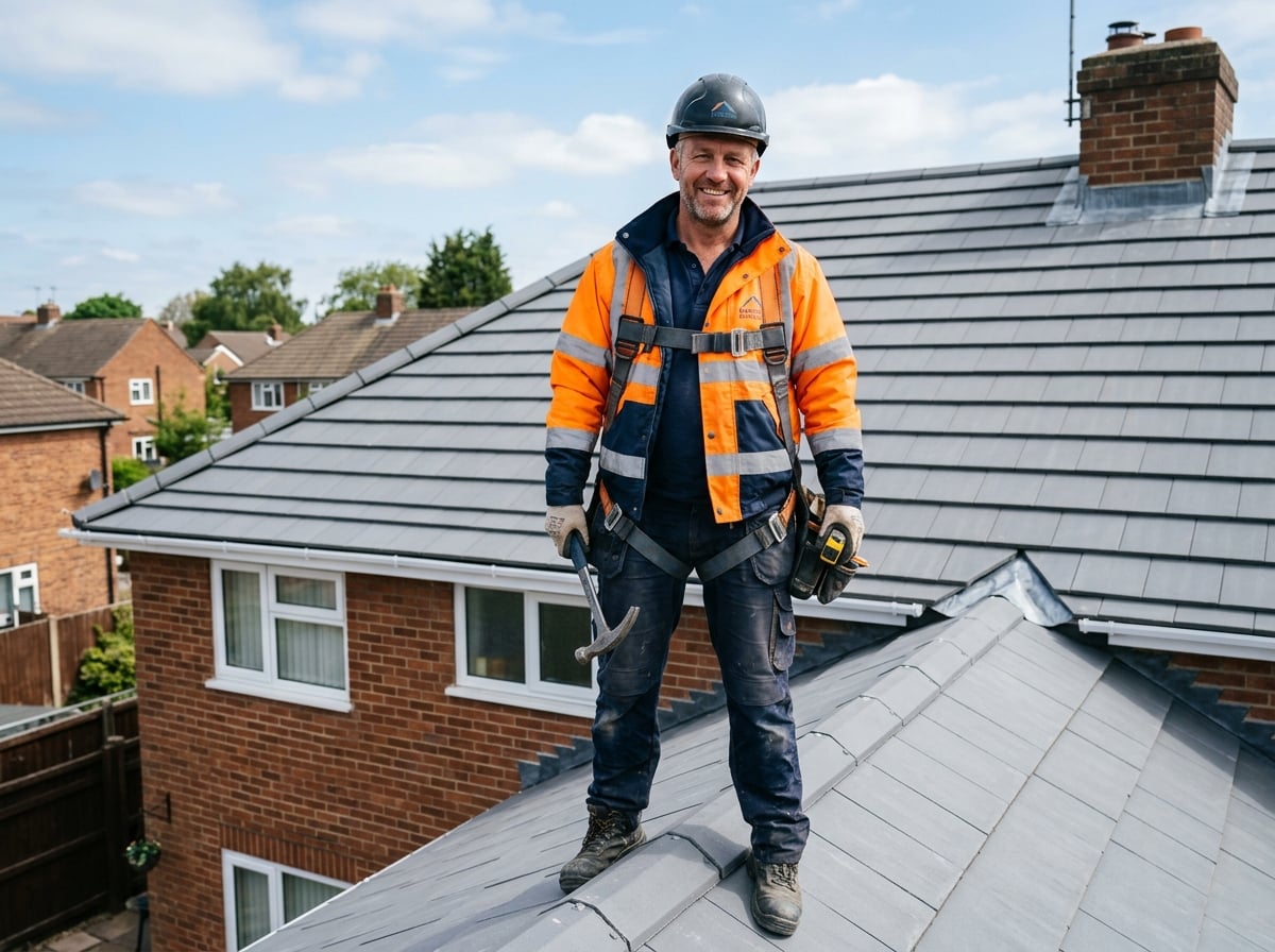 Experienced professional roofer on a completed residential roof