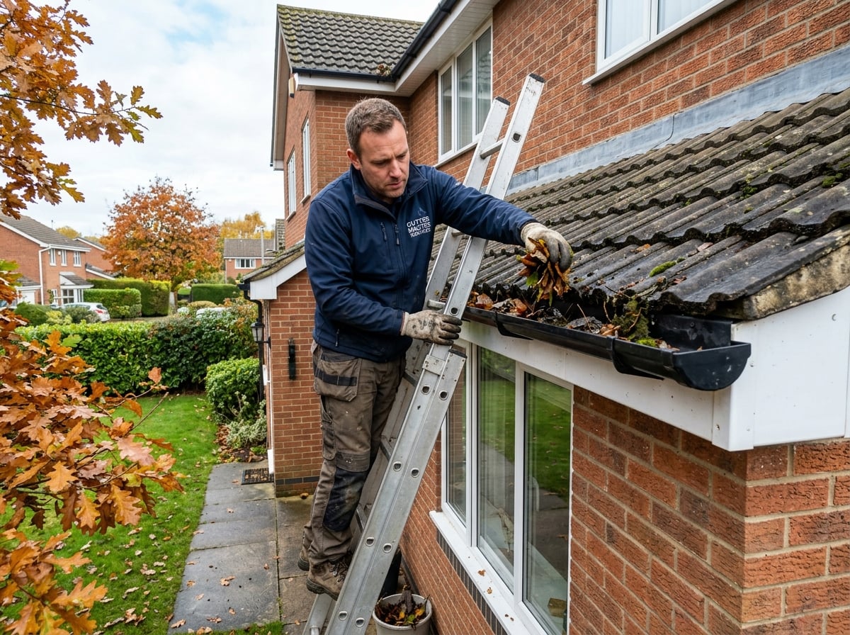 Roofer clearing leaves and debris from a house gutter