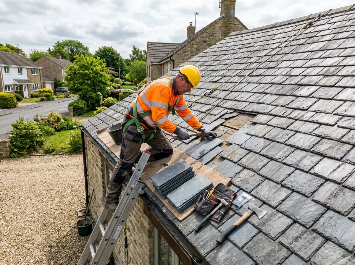 Roofer repairing and replacing slates on a residential roof